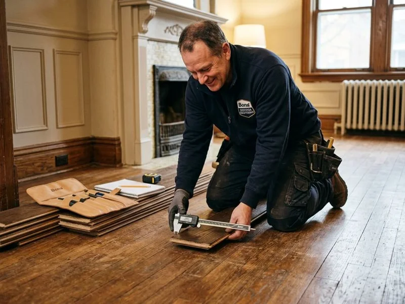 Craftsman measuring wear-layer thickness above the tongue of a hardwood plank