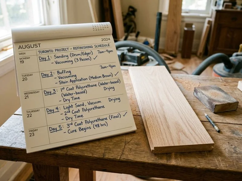 Calendar timeline showing day-by-day refinishing milestones