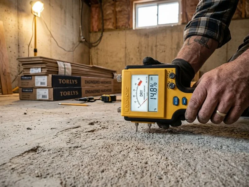 Calibrated moisture meter testing a concrete slab for engineered install