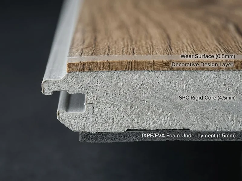 LVP plank cross-section showing SPC rigid core construction