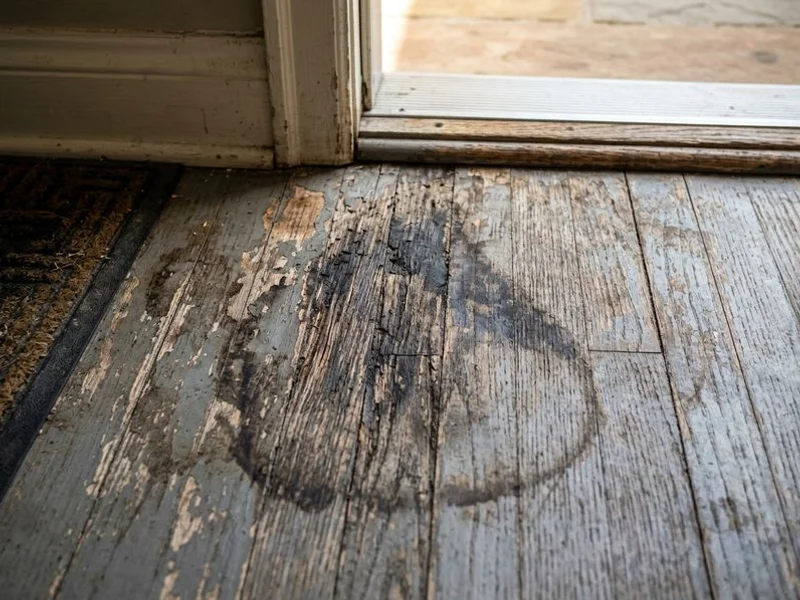 Close-up of gray weathered hardwood with finish failure