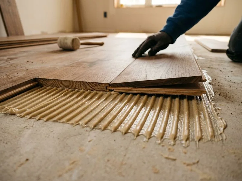 Trowelled adhesive bed under an engineered hardwood plank on a concrete slab