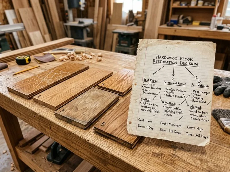 Decision flowchart for hardwood floor repair vs refinish