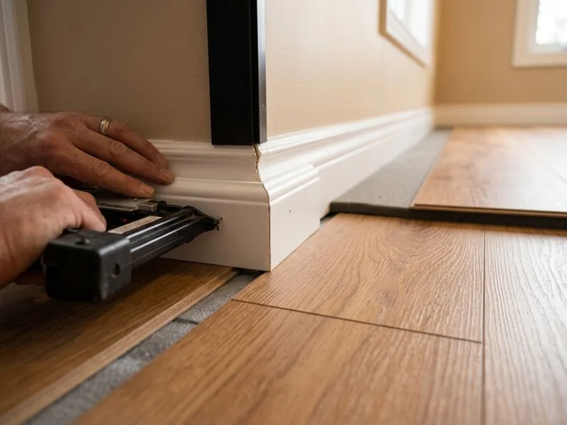 Expansion gap between laminate and wall hidden by quarter-round