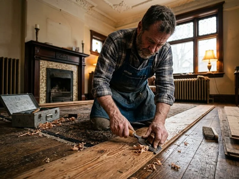 Hand-scraping a reclaimed era-matched Red Pine board to match original 1900 texture