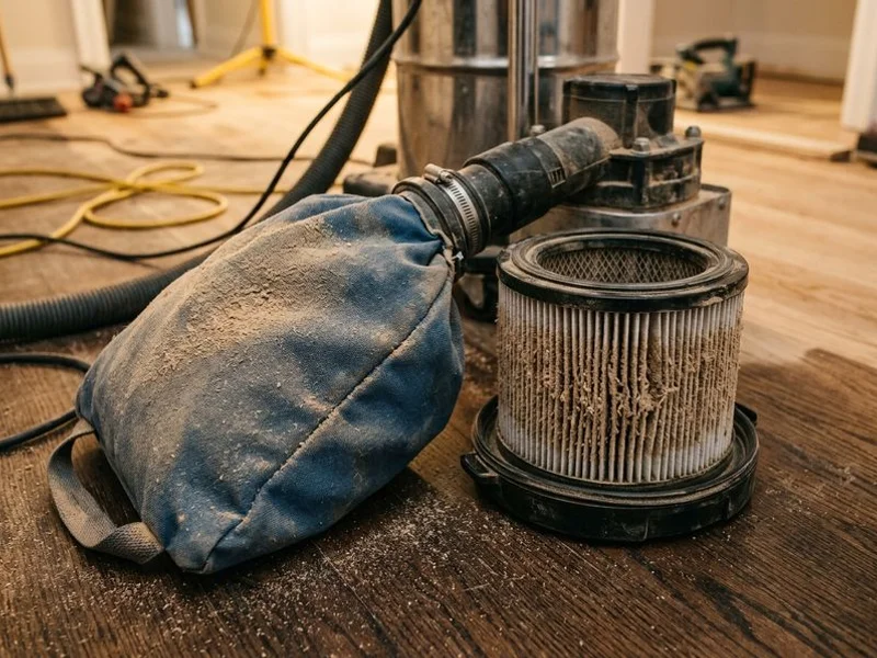 HEPA vacuum filter system with collected wood dust