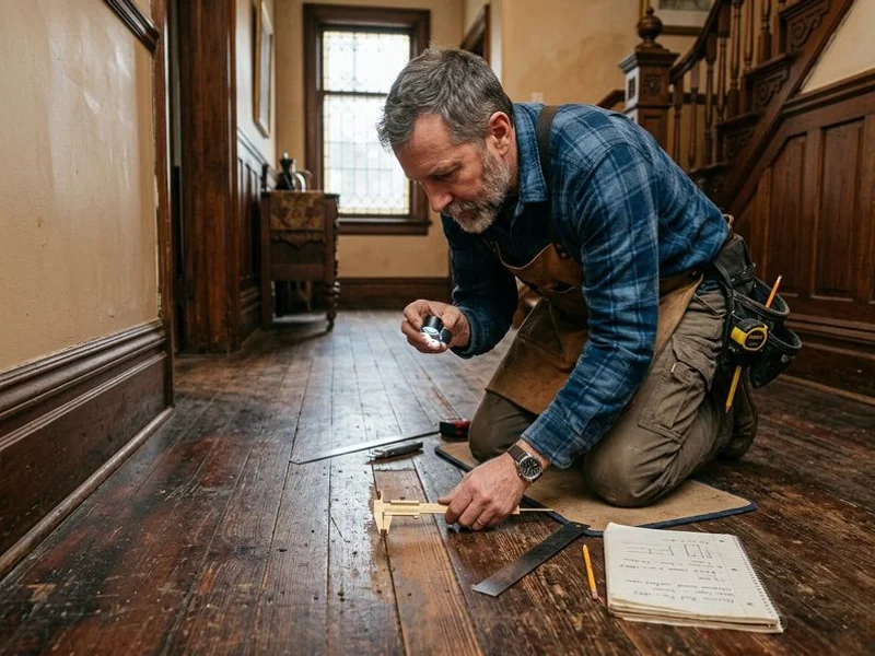 Heritage craftsman evaluating wear-layer thickness on original Victorian Red Pine
