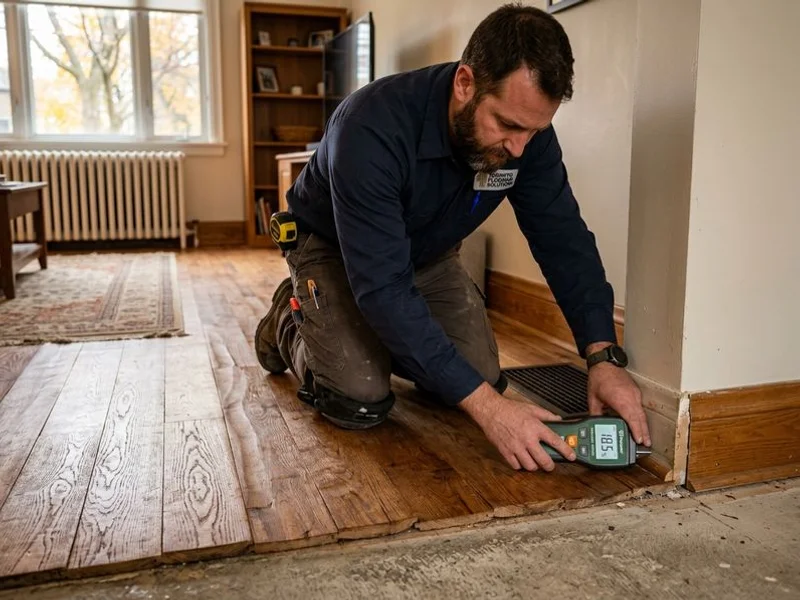 Moisture meter testing subfloor and wall samples during cupping diagnostic
