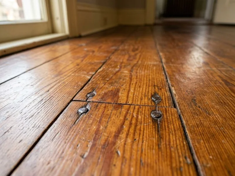 Original Victorian narrow-board Red Pine floor showing face-nail pattern and hand-scraped texture