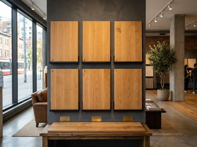 Premium European Oak pattern flooring samples with price tags