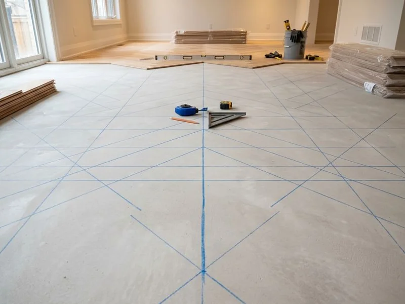 Self-leveled subfloor with centered datum chalk line for herringbone layout