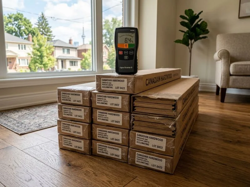 Stacked hardwood plank cartons acclimating in a Toronto home with a moisture meter on top