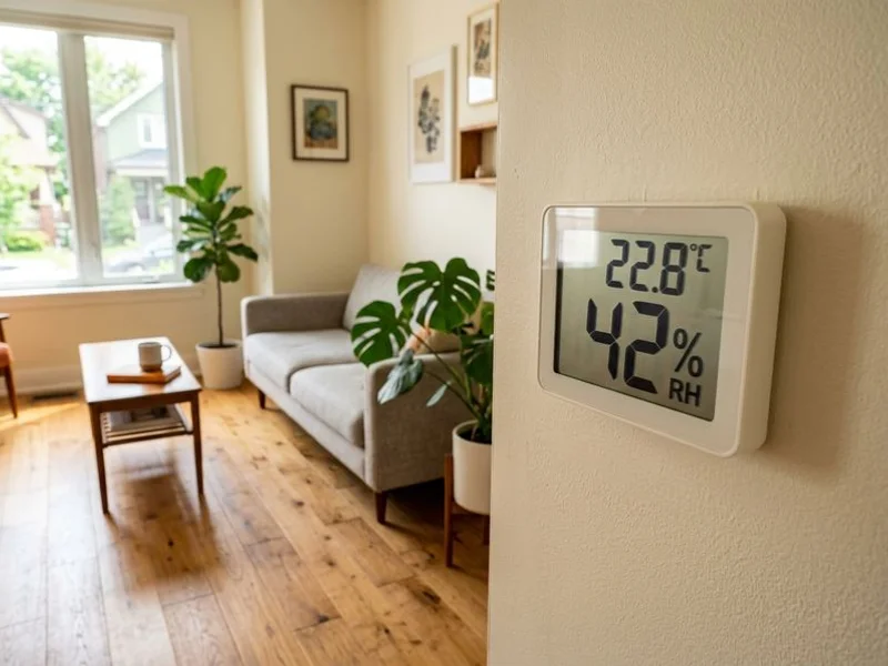 Wall-mounted hygrometer reading 42% RH in a sun-lit Toronto living room