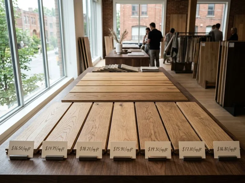 European Oak hardwood samples with price labels per square foot