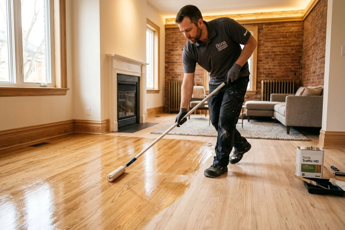 Bona Certified craftsman applying Bona Traffic HD finish with a T-bar roller