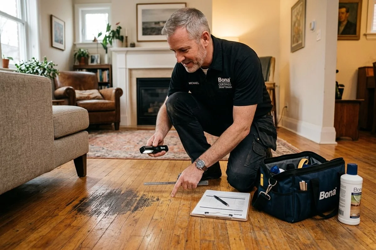 Craftsman evaluating hardwood damage vs full room wear in a Toronto home