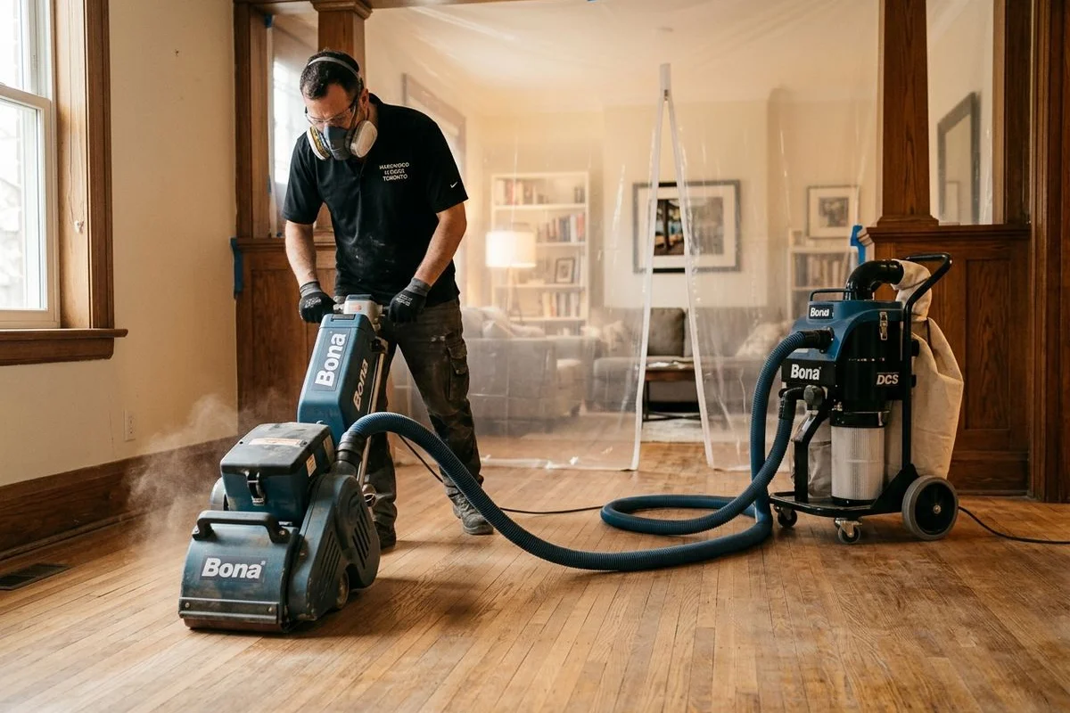 Bona Dust Containment System attached to drum sander capturing airborne dust during refinishing