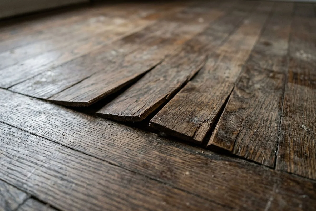 Cupped hardwood floor boards showing edge lifting from moisture damage