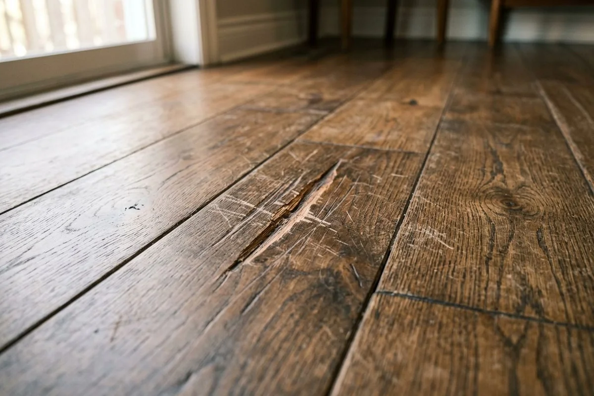 Deep gouge and surface scratches on a wide-plank Oak hardwood floor