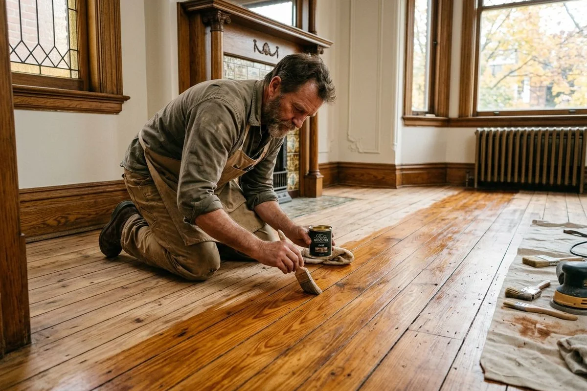Heritage craftsman restoring original 1908 narrow-board Red Pine floor with Rubio Monocoat