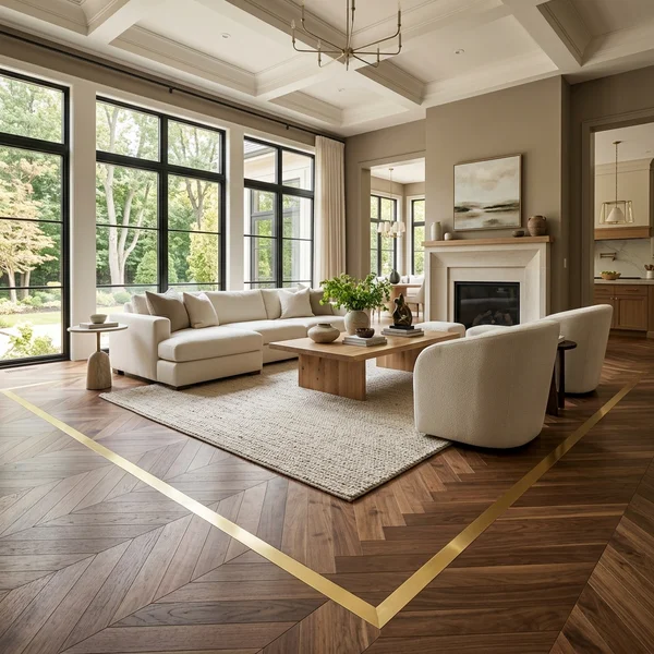 Walnut chevron pattern with custom border in an Oakville new build
