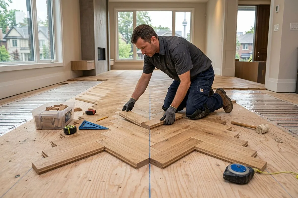 Installer dry-fitting herringbone blocks from a centered datum line