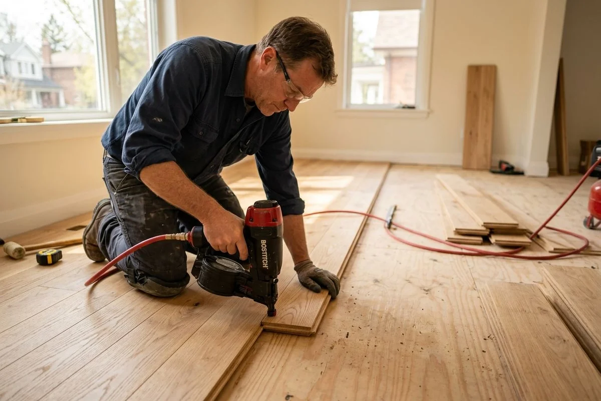 Installer hand-nailing a hardwood plank with a pneumatic nailer over plywood subfloor in a Toronto home
