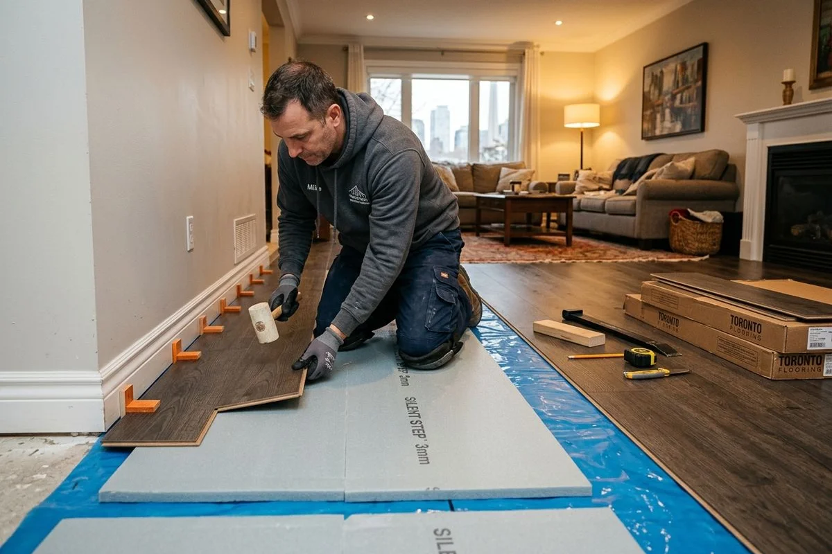 Installer laying click-lock laminate planks over underlayment