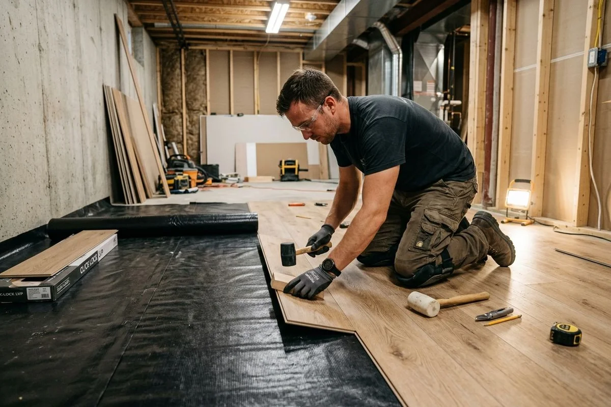 Installer laying click-lock LVP over vapor barrier in a Toronto basement