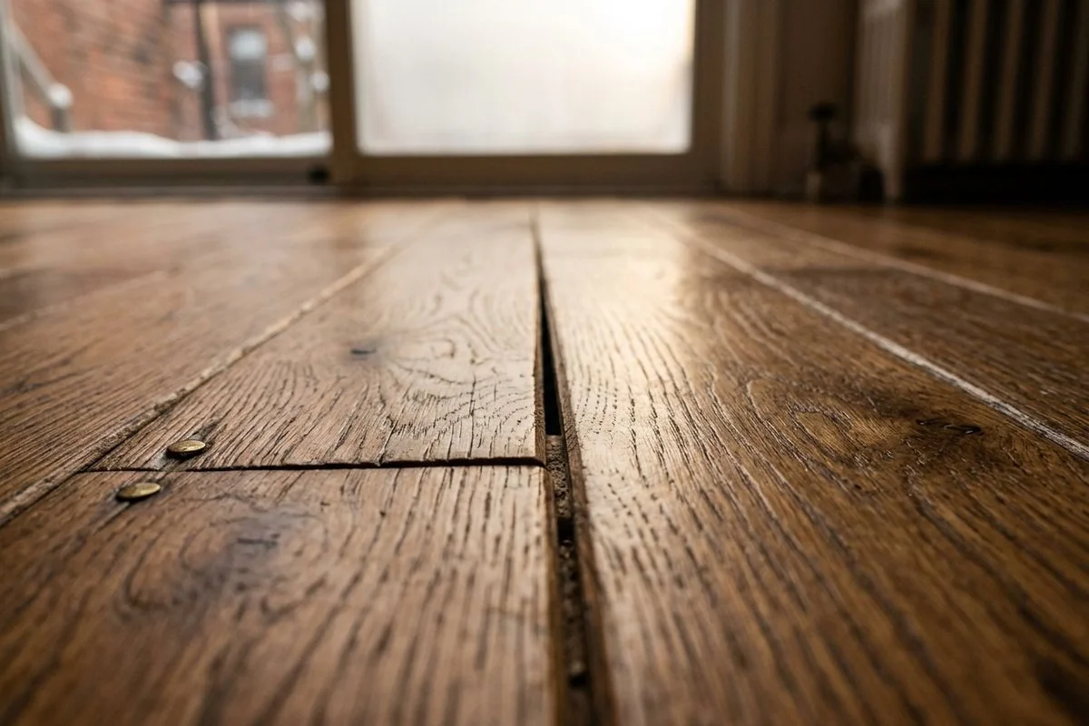 Macro close-up of hardwood floor planks with subtle winter gaps between boards, soft window light