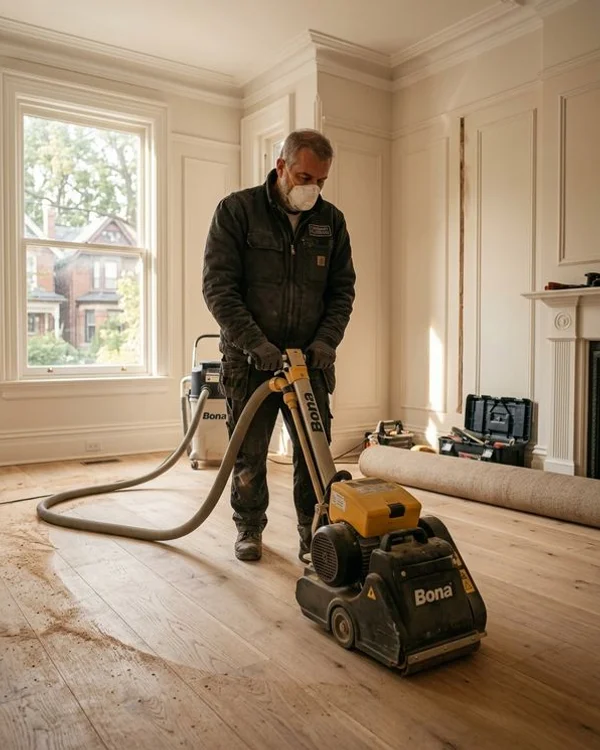 Master craftsman sanding wide-plank White Oak hardwood floor with Bona Dust Containment System in a Toronto heritage home