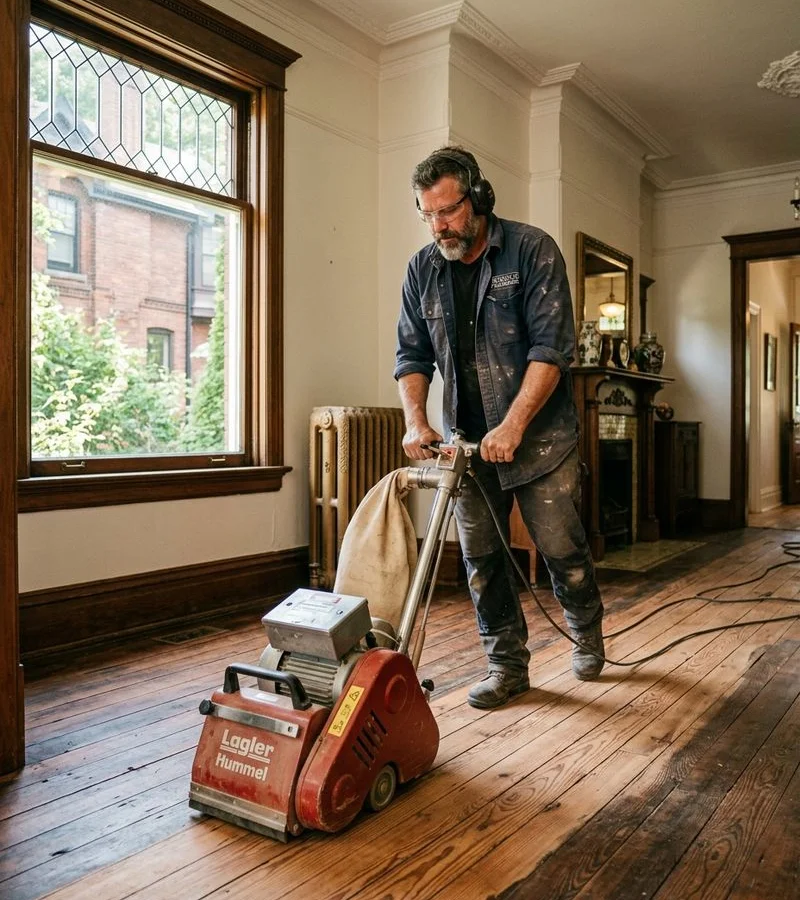Master craftsman running a drum sander on a heritage narrow-board floor in a Rosedale Victorian home