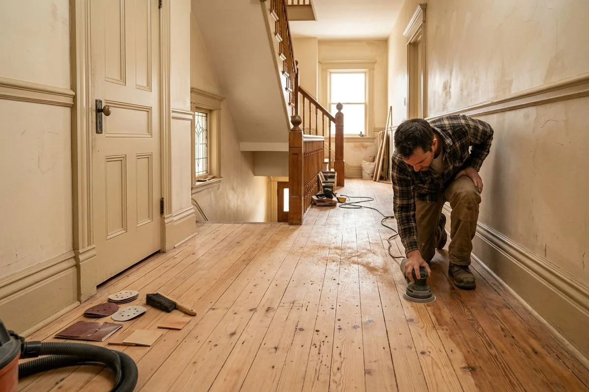 Pre-1940 lath-and-plaster Toronto home with narrow-board Red Pine hardwood under restoration