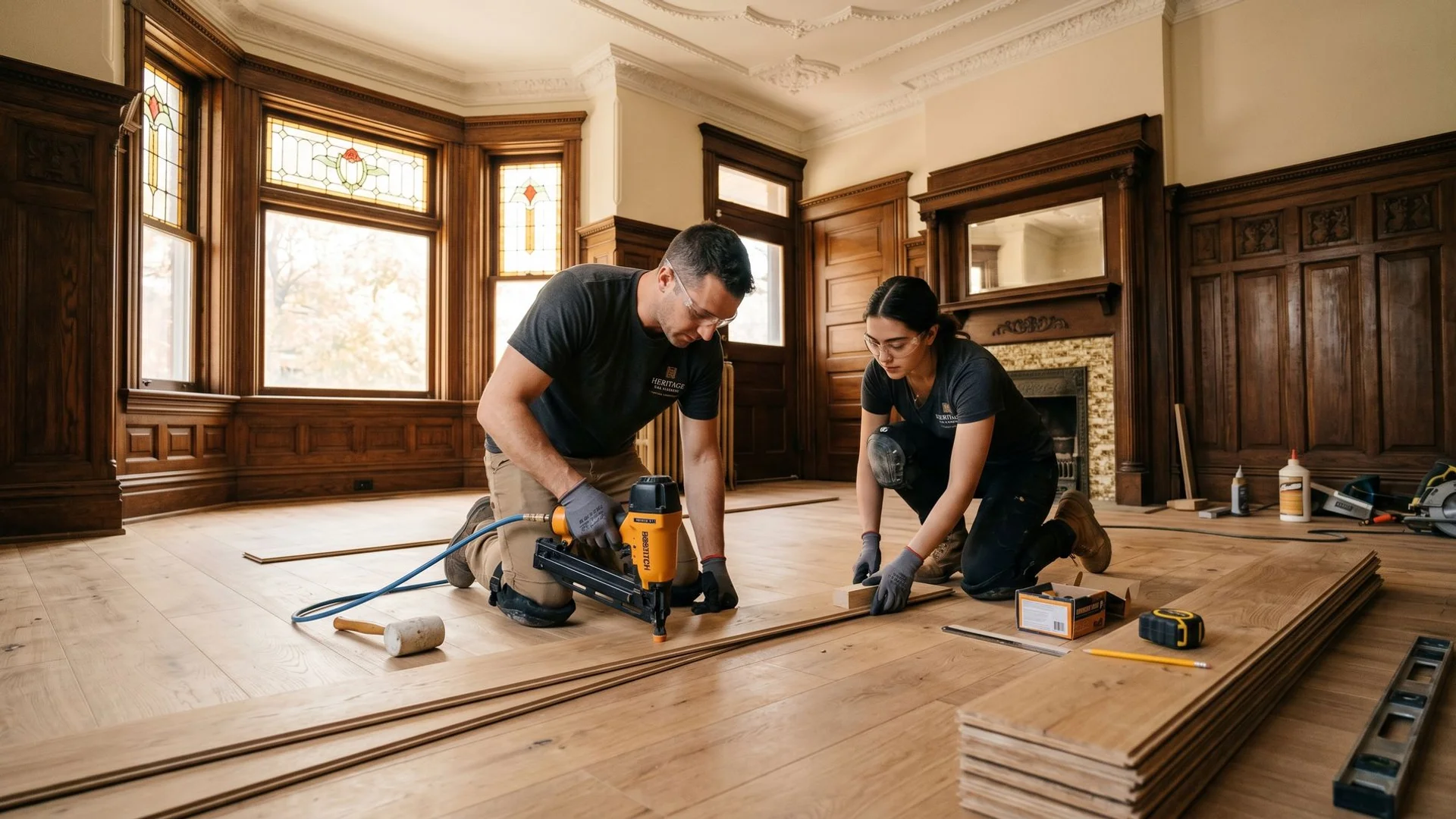 Hardwood flooring craftsmen at work in a Toronto GTA home