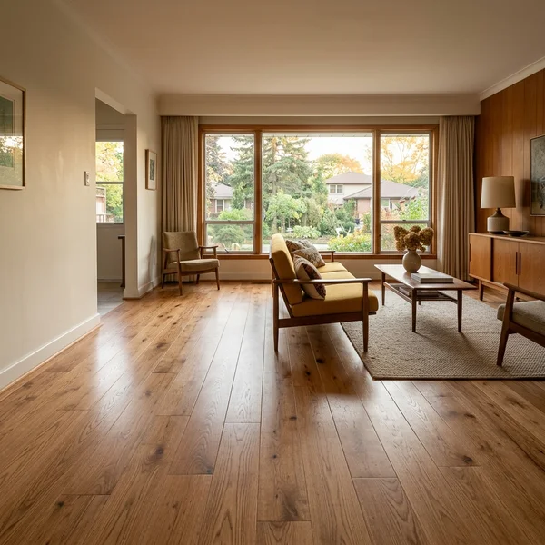 Refinished wide-plank Red Oak floor in a North York postwar bungalow