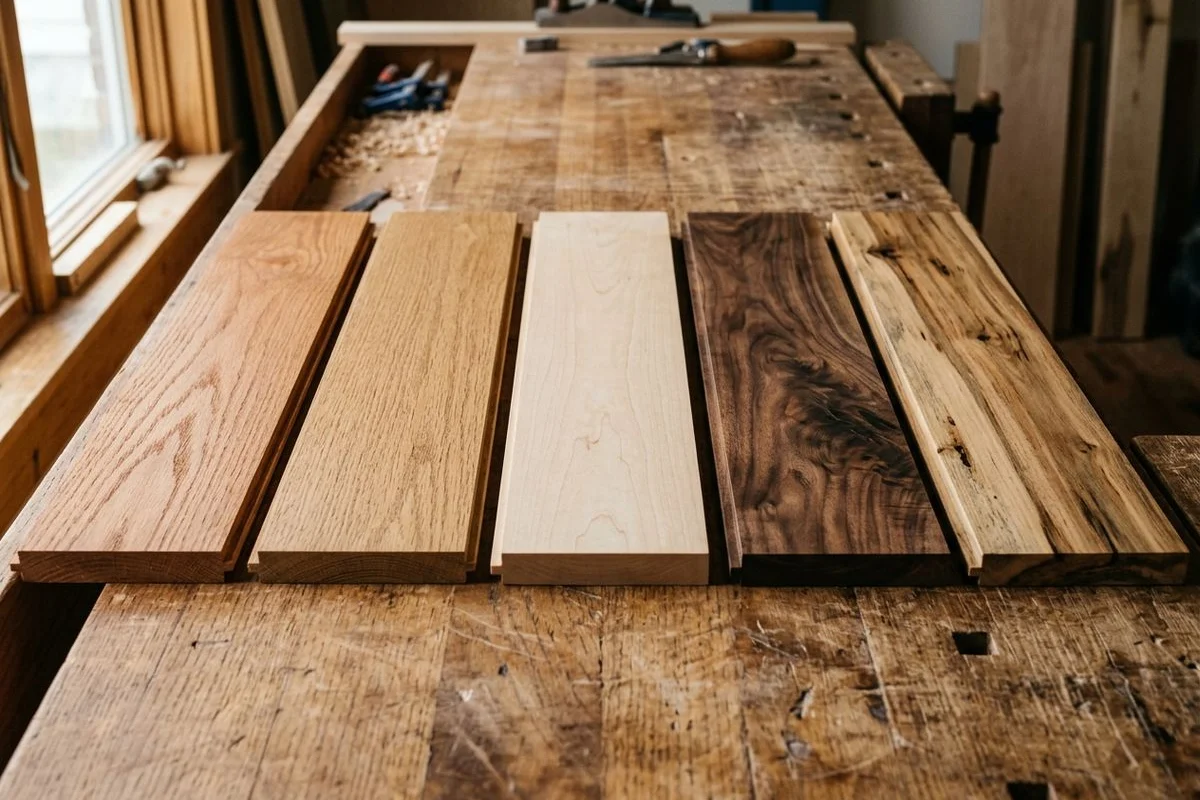 Side-by-side close-up of five hardwood species samples on a clean wood workbench, natural daylight