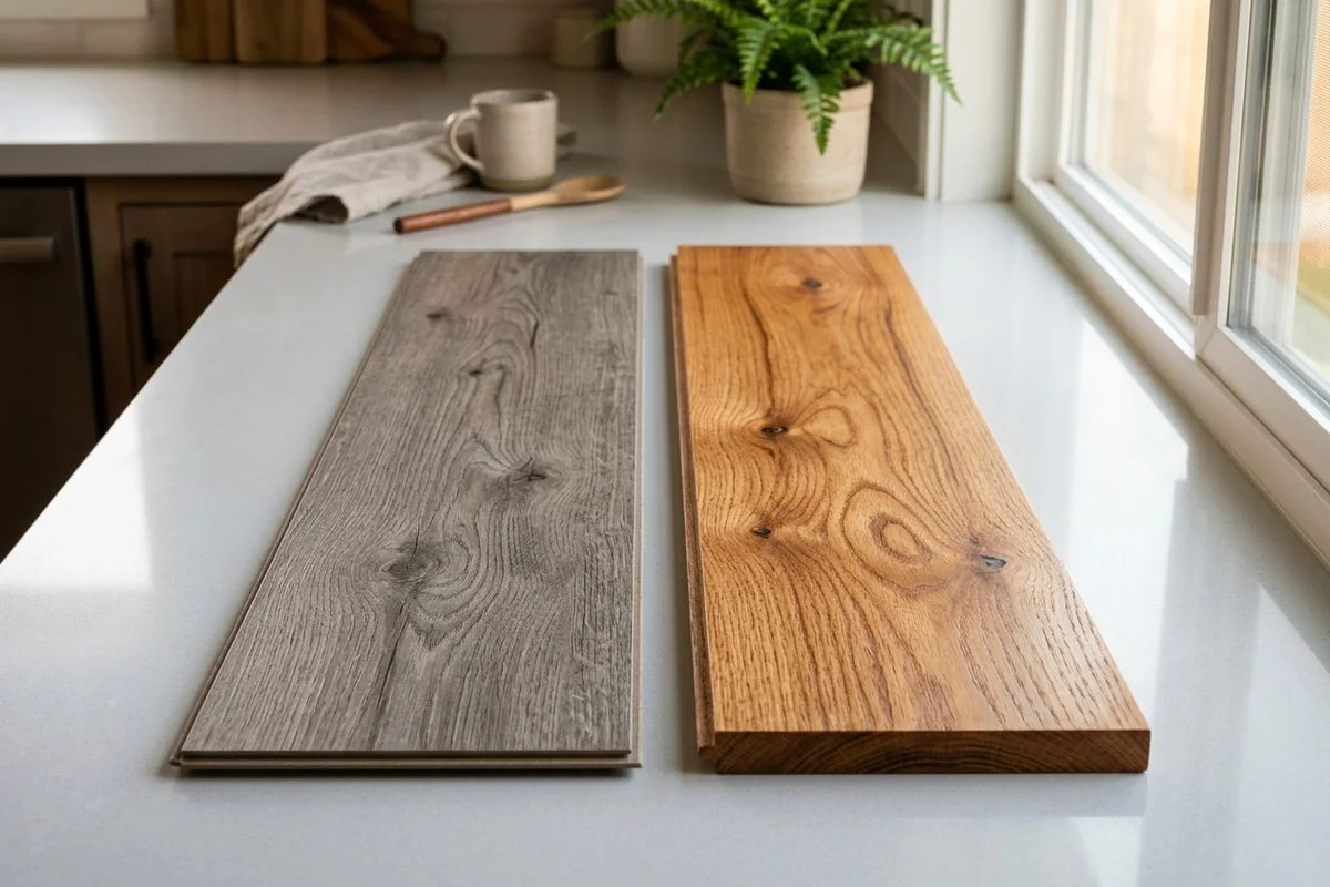 Side-by-side comparison of laminate vs solid hardwood