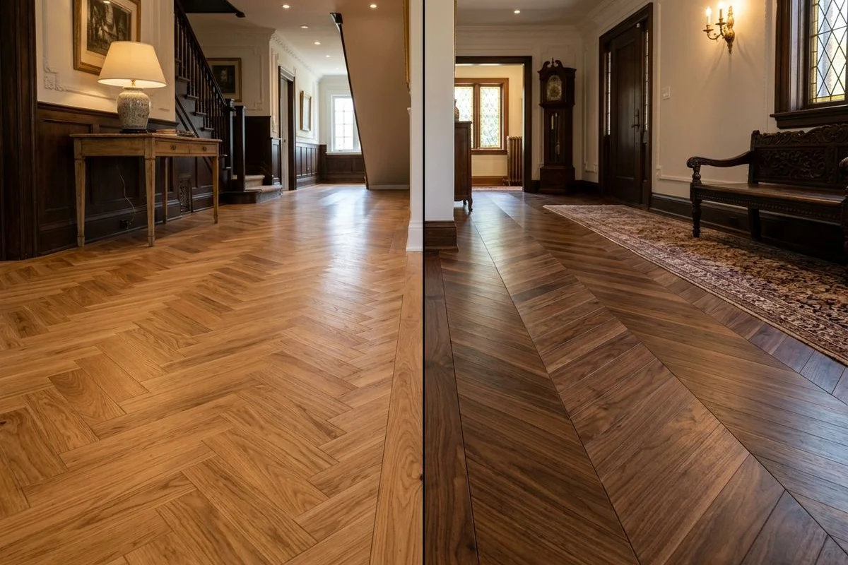 Side-by-side comparison of herringbone and chevron patterns