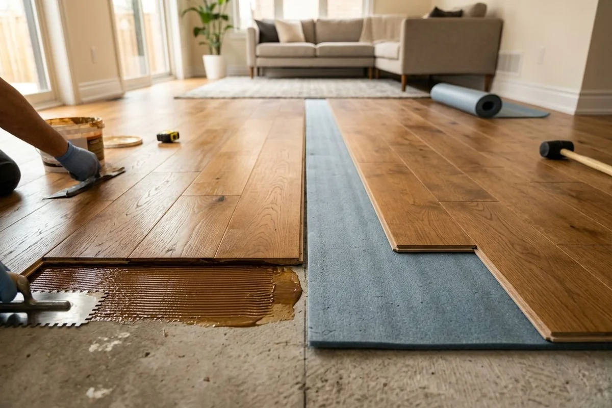 Comparison of glue-down vs floating engineered installation methods