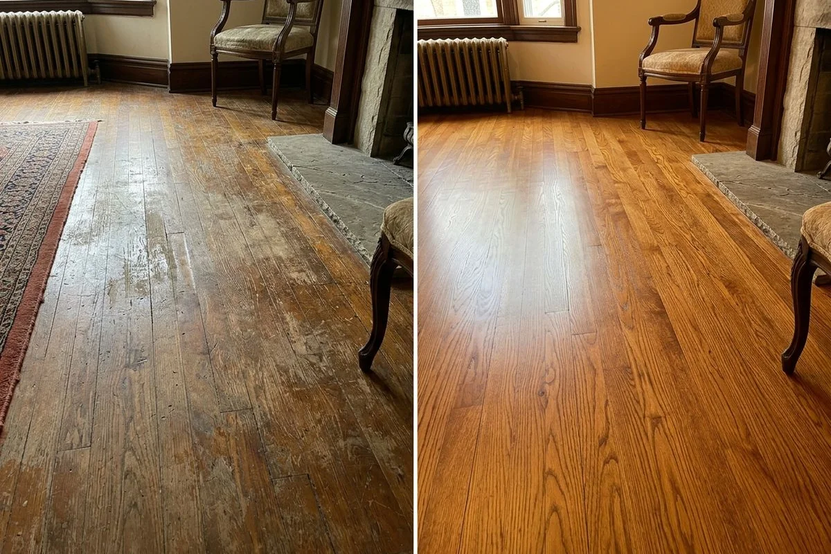 Side-by-side comparison of worn hardwood before refinishing and after full restoration