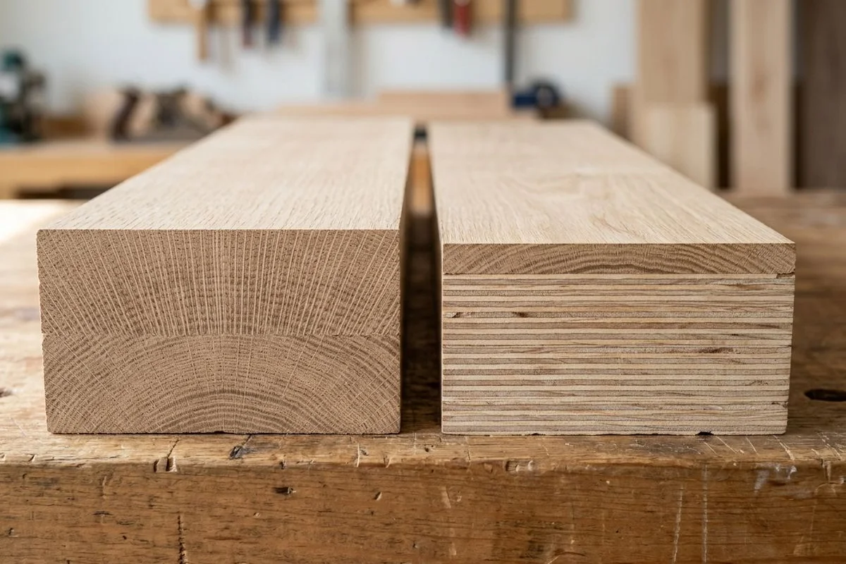 Cross-section comparison of solid hardwood vs engineered construction