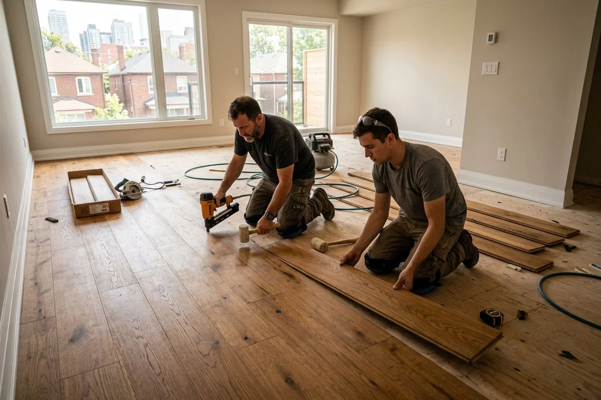 Two installers laying hardwood planks across a sun-lit empty Toronto room mid-install