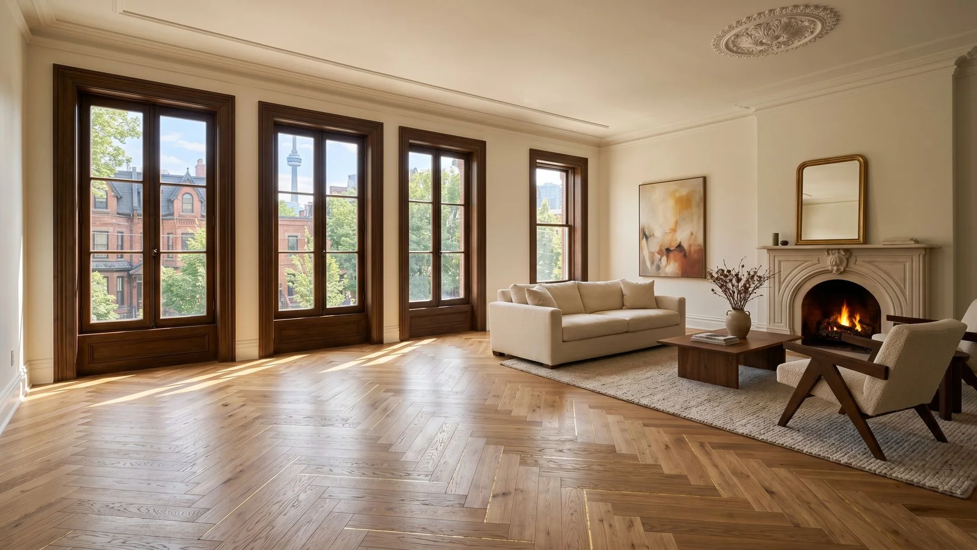 Wide-plank European Oak herringbone hardwood floor in a sunlit Toronto living room with heritage architecture