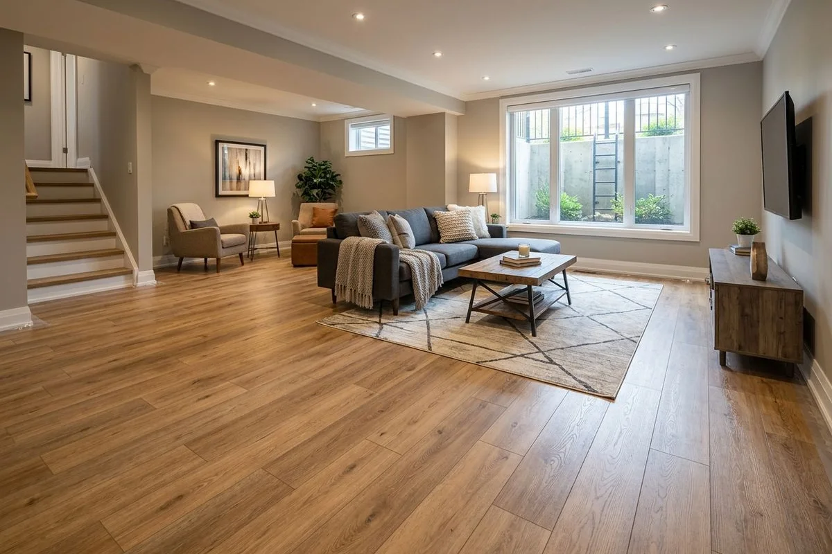 AC5 moisture-resistant laminate in a finished Toronto basement