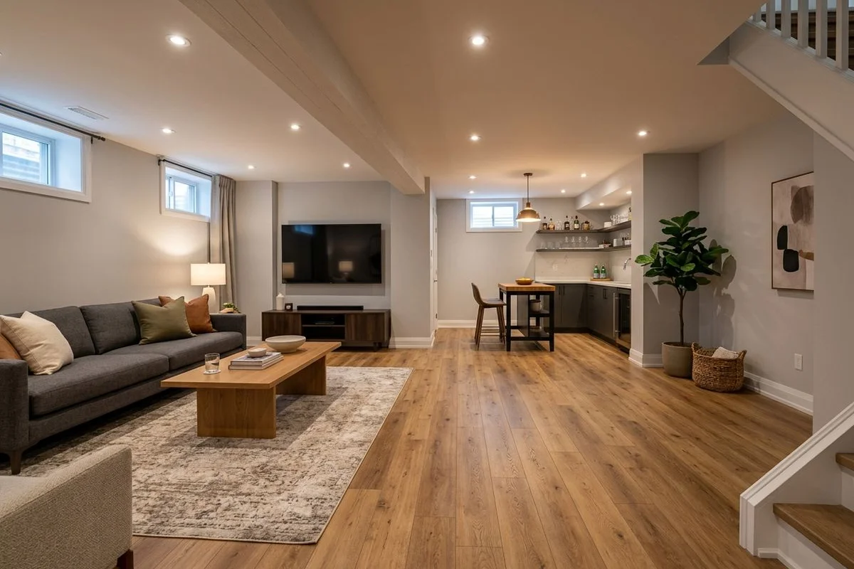 Wide-plank LVP with SPC rigid core in a finished Toronto basement