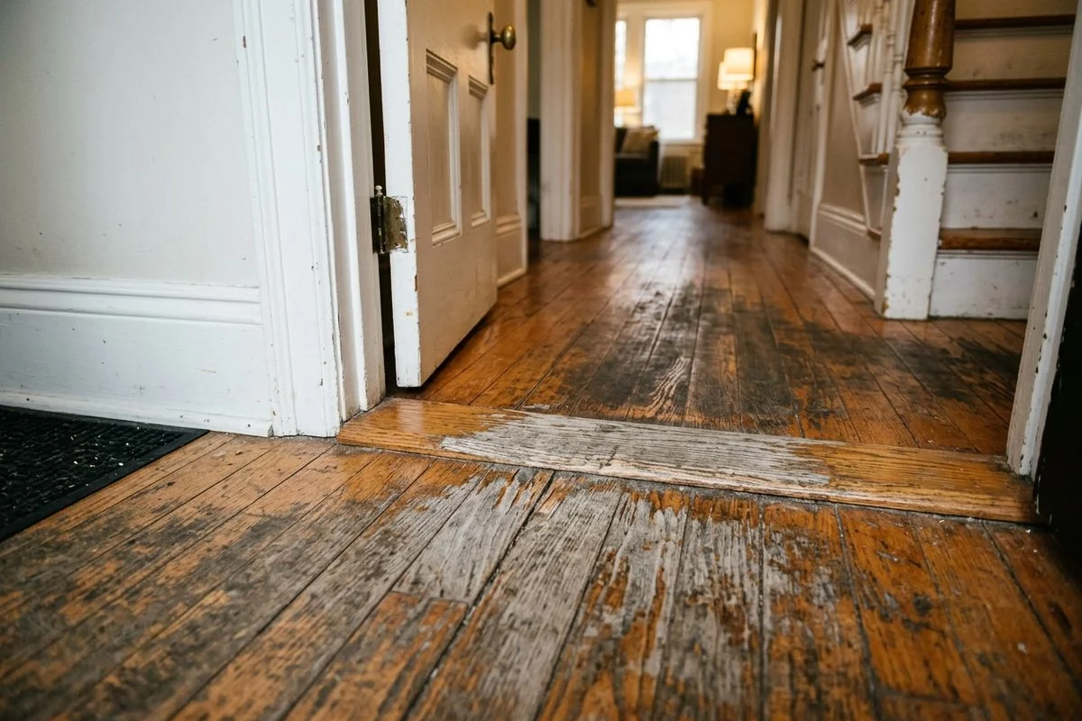 Worn Red Oak hardwood floor with visible wear patterns and exposed bare wood at door threshold